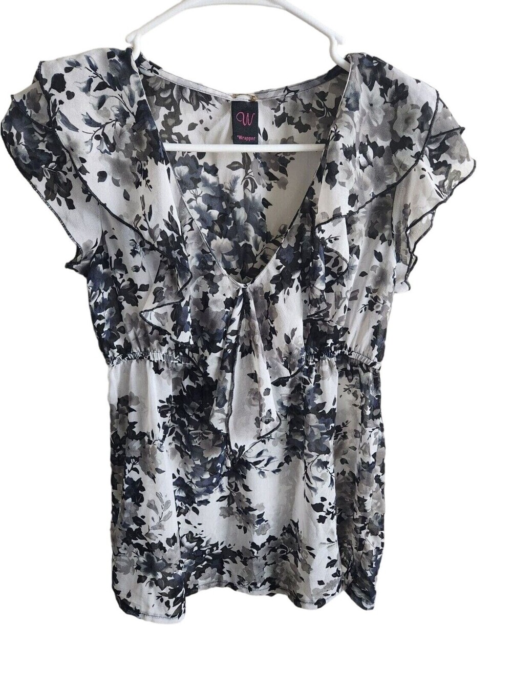 Wrapper Womens Sz M Short Sleeve Semi Sheer Blouse Black White Floral